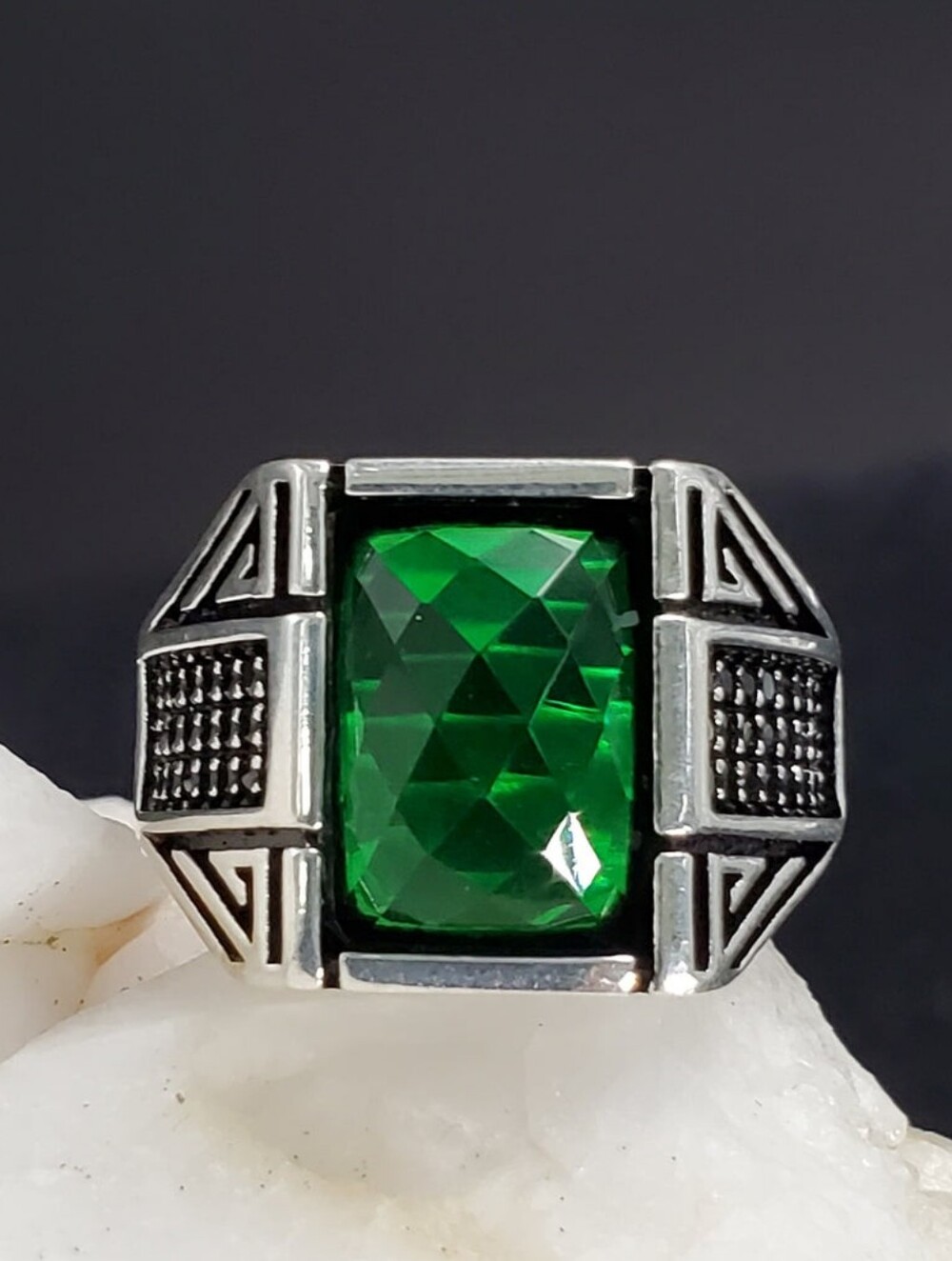 Sterling silver 925 Ring Size 10.5 Green Dioxide Quartz Men's Jewelry